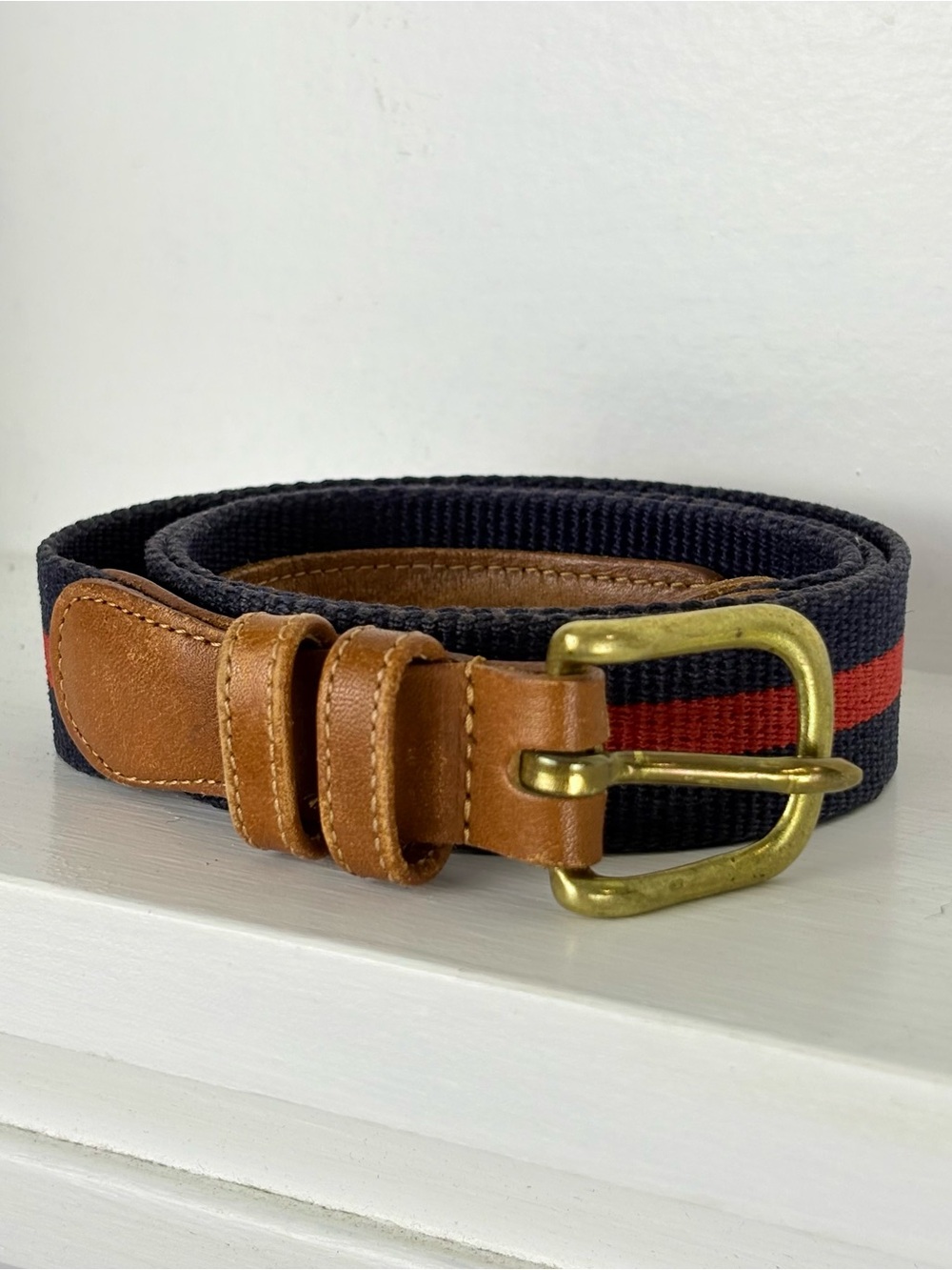Coach Vintage Preppy Belt Navy Red Stripe Linen Leather Brass Buckle 36